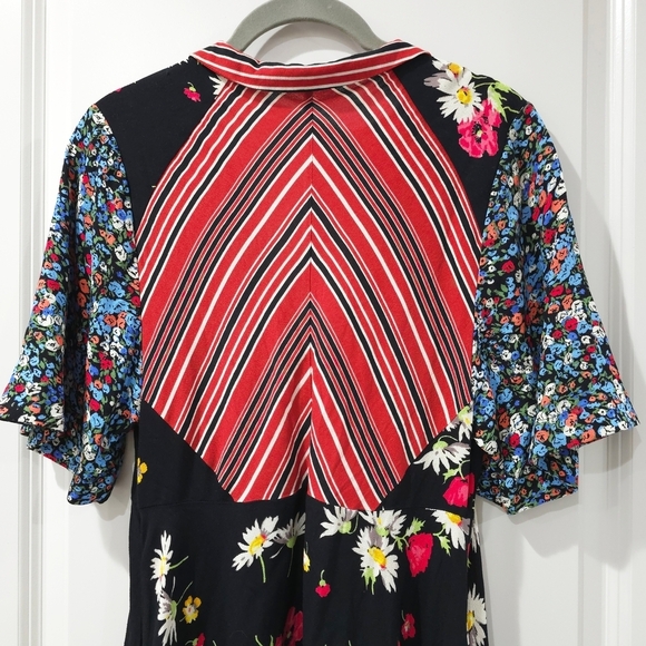 Free People Multicolor Patchwork Striped Floral Short Sleeve V-Neck Dress, 8 - Picture 11 of 15